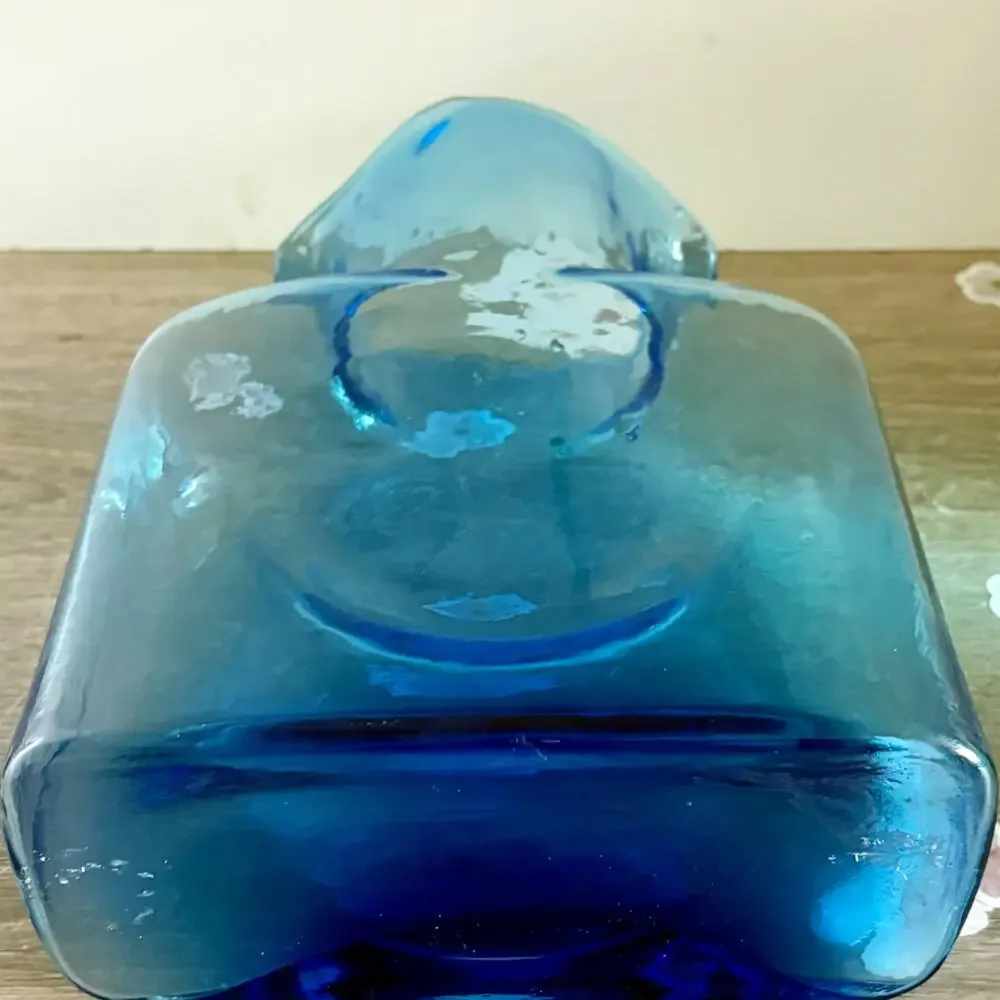 Vintage Blenko Art Glass Azure Blue Double Spout Water Bottle Pitcher Carafe 8